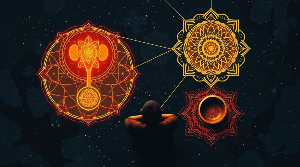 Abstract fusion of ayurvedic, TCM, and indigenous symbols representing winter energetics