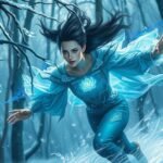 Futuristic blue-white winter landscape with NEA Quartz standing in soft holographic light