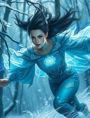 Futuristic blue-white winter landscape with NEA Quartz standing in soft holographic light