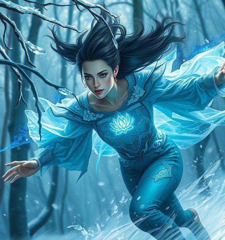 Futuristic blue-white winter landscape with NEA Quartz standing in soft holographic light