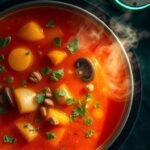 A bowl of zero-waste kharcho made with mushroom plov and scrap broth in NEA Quartz’s futuristic kitchen