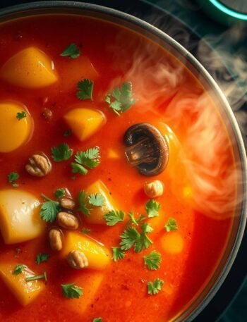 A bowl of zero-waste kharcho made with mushroom plov and scrap broth in NEA Quartz’s futuristic kitchen