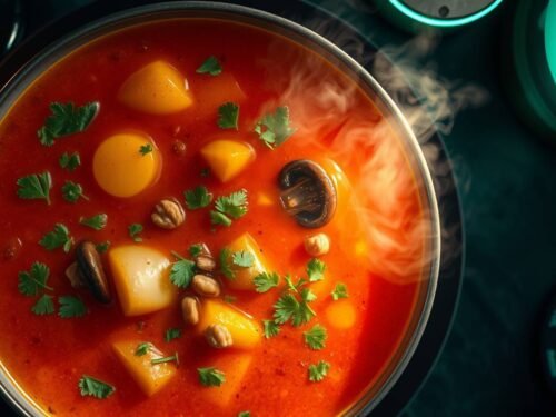 A bowl of zero-waste kharcho made with mushroom plov and scrap broth in NEA Quartz’s futuristic kitchen