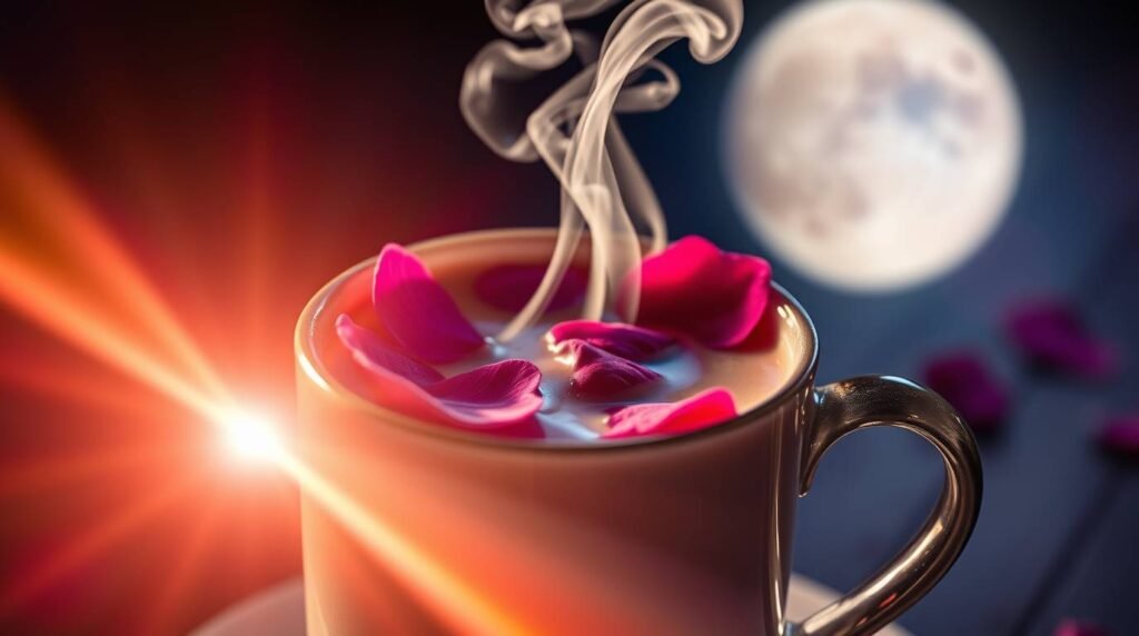 A pink-brown cacao elixir topped with rose petals.