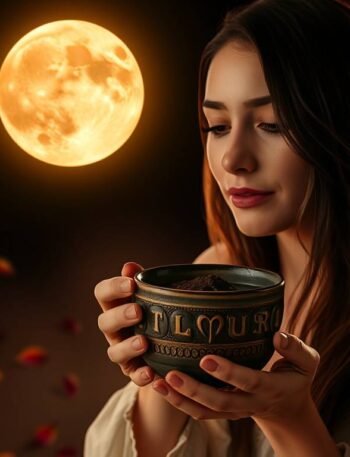Moonlit cacao ritual under the Taurus Supermoon with rose petals and steam swirling upward.