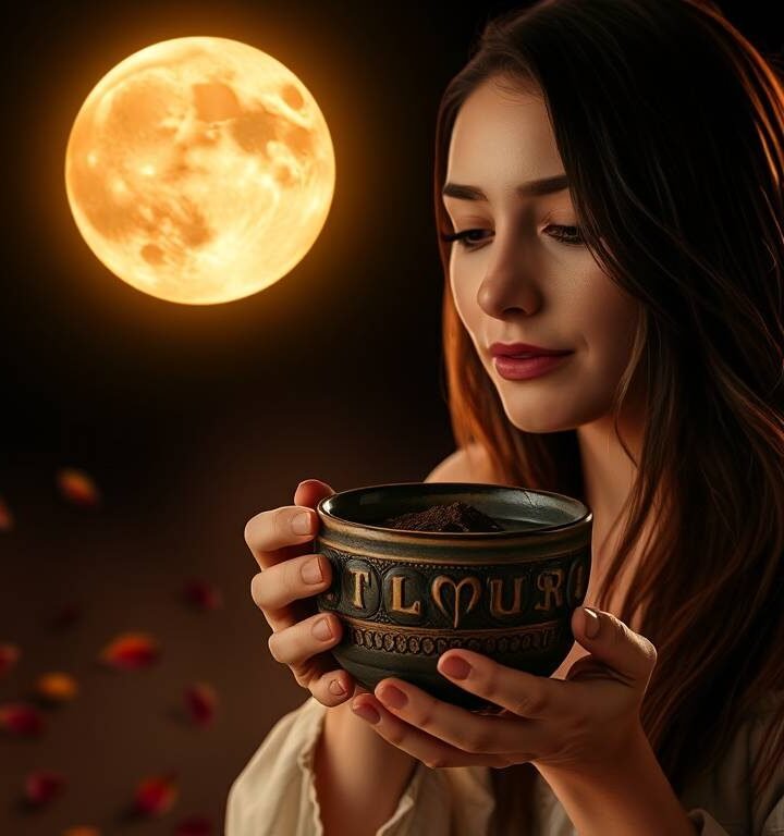 Moonlit cacao ritual under the Taurus Supermoon with rose petals and steam swirling upward.