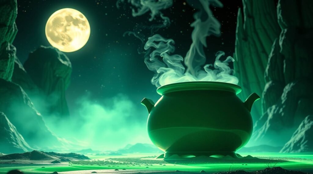 Steaming oat milk in a ceramic pot under moonlight glow.