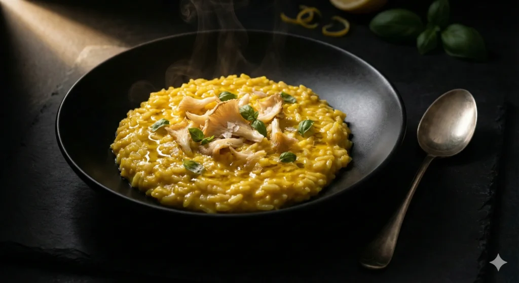 Moody chiaroscuro photograph of vegetarian keto cauliflower risotto with turmeric, styled in an elegant black bowl.