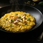 Moody chiaroscuro photograph of vegetarian keto cauliflower risotto with turmeric, styled in an elegant black bowl.
