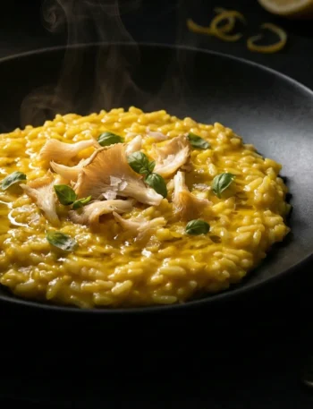 Moody chiaroscuro photograph of vegetarian keto cauliflower risotto with turmeric, styled in an elegant black bowl.