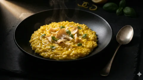 Moody chiaroscuro photograph of vegetarian keto cauliflower risotto with turmeric, styled in an elegant black bowl.