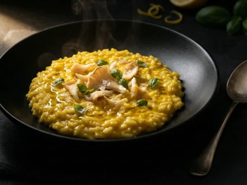 Moody chiaroscuro photograph of vegetarian keto cauliflower risotto with turmeric, styled in an elegant black bowl.