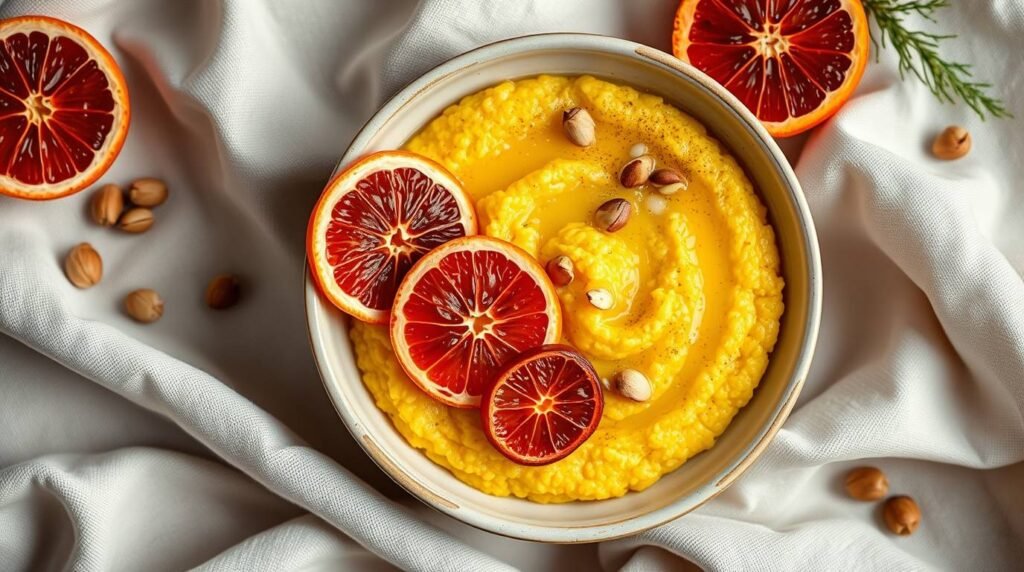 Creamy almond polenta topped with winter citrus and olive oil in soft Christmas light