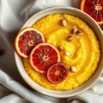 Creamy almond polenta topped with winter citrus and olive oil in soft Christmas light