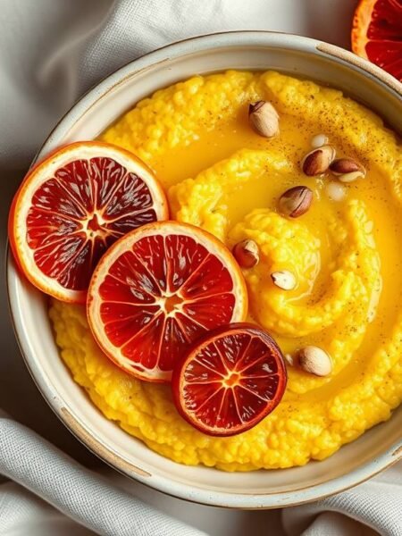 Creamy almond polenta topped with winter citrus and olive oil in soft Christmas light