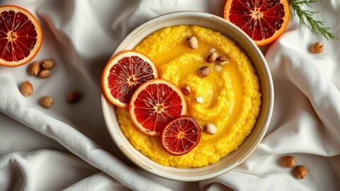 Creamy almond polenta topped with winter citrus and olive oil in soft Christmas light