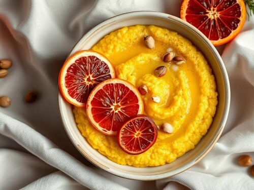 Creamy almond polenta topped with winter citrus and olive oil in soft Christmas light