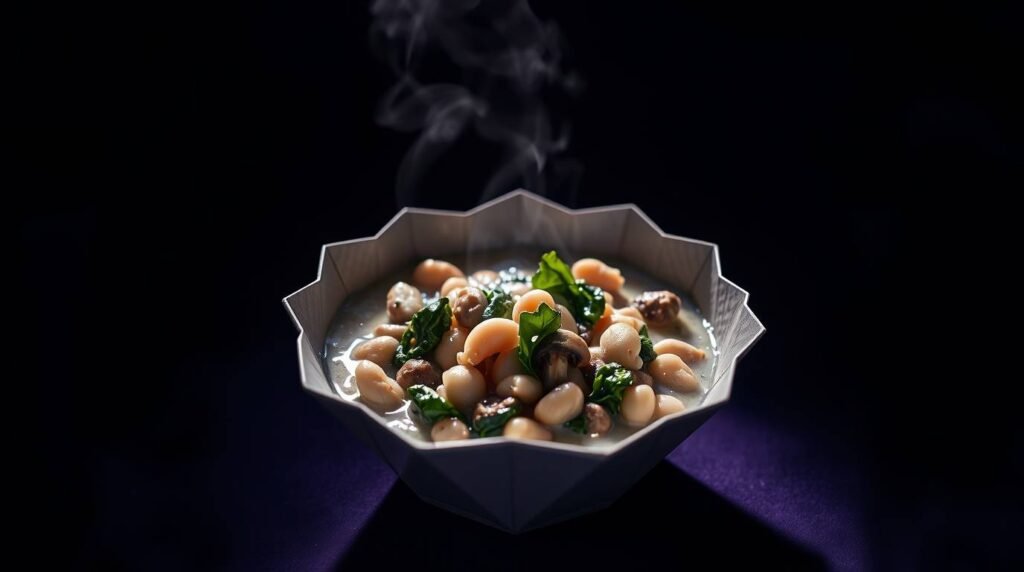 A minimalist ceramic bowl filled with a creamy mushroom and white bean mixture, visible sliced mushrooms and tender white beans,