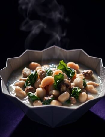 A minimalist ceramic bowl filled with a creamy mushroom and white bean mixture, visible sliced mushrooms and tender white beans,