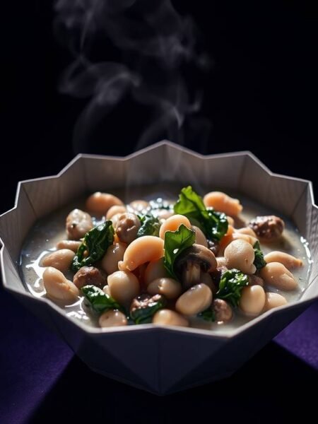 A minimalist ceramic bowl filled with a creamy mushroom and white bean mixture, visible sliced mushrooms and tender white beans,