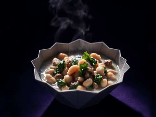 A minimalist ceramic bowl filled with a creamy mushroom and white bean mixture, visible sliced mushrooms and tender white beans,