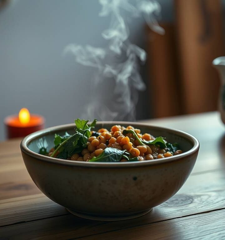 Warm, grounding meal prepared slowly in a quiet kitchen