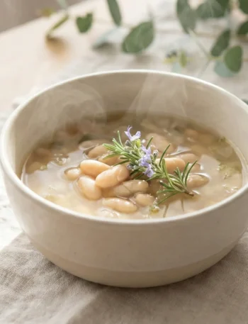 A soothing, bright photograph of rosemary bean soup with steam rising in a calm, healing kitchen atmosphere.