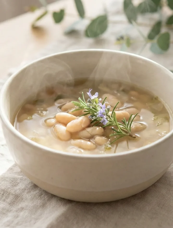 A soothing, bright photograph of rosemary bean soup with steam rising in a calm, healing kitchen atmosphere.