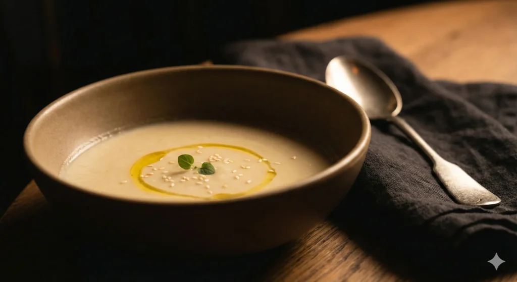 Creamy tahini cauliflower bowl with olive oil halo in a dark, moody evening setting