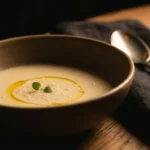 Creamy tahini cauliflower bowl with olive oil halo in a dark, moody evening setting