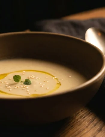 Creamy tahini cauliflower bowl with olive oil halo in a dark, moody evening setting