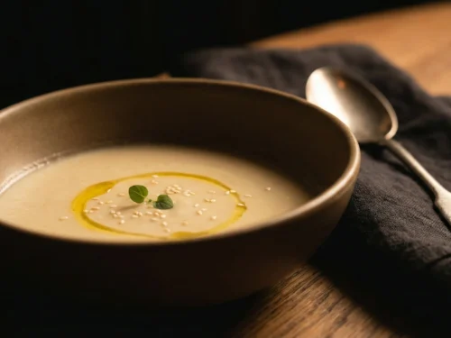 Creamy tahini cauliflower bowl with olive oil halo in a dark, moody evening setting