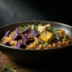 A moody chiaroscuro image of Purple Sweet Potato and Tofu Pilaf in a dark bowl with dramatic lighting.