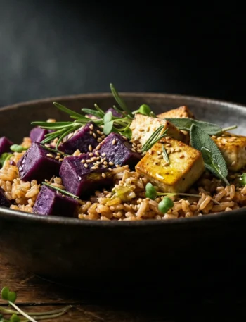 A moody chiaroscuro image of Purple Sweet Potato and Tofu Pilaf in a dark bowl with dramatic lighting.