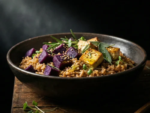 A moody chiaroscuro image of Purple Sweet Potato and Tofu Pilaf in a dark bowl with dramatic lighting.