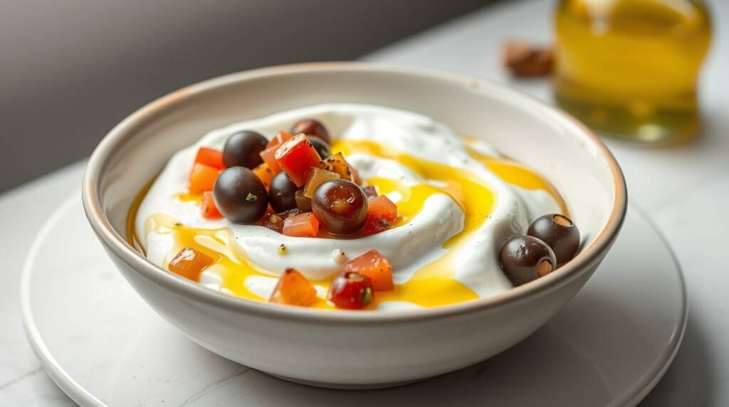 Savory Greek yogurt bowl with olives, pico de gallo, and olive oil