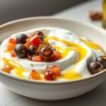 Savory Greek yogurt bowl with olives, pico de gallo, and olive oil