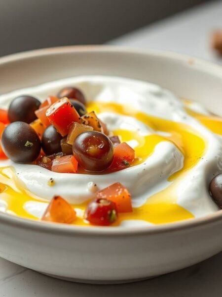 Savory Greek yogurt bowl with olives, pico de gallo, and olive oil