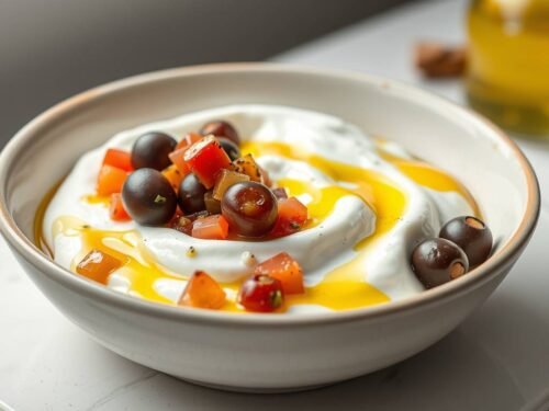 Savory Greek yogurt bowl with olives, pico de gallo, and olive oil