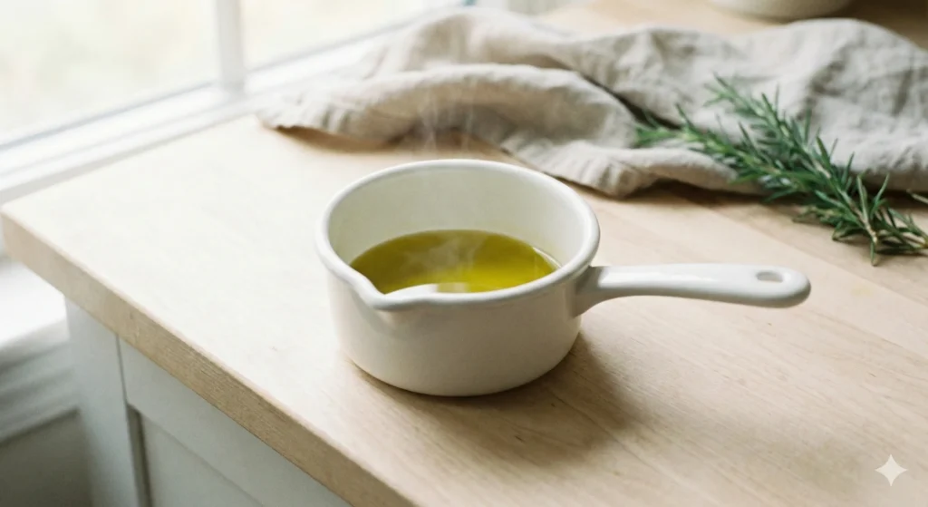 Olive oil warming gently in a small pot under soft natural light.