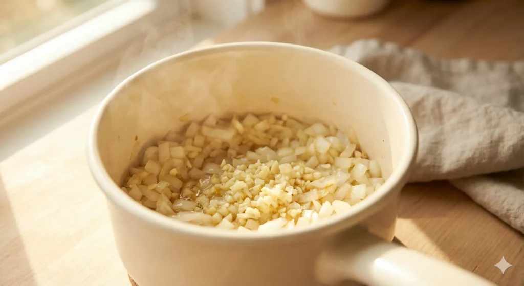 Chopped onions and crushed garlic sautéing gently in a light-filled kitchen.