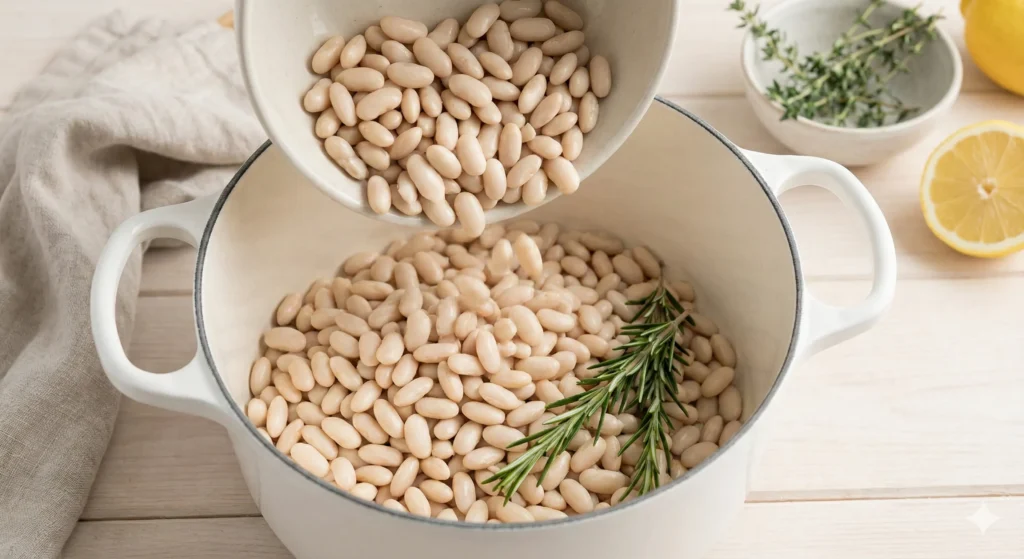 White beans and a rosemary sprig added to the pot in soft natural light.