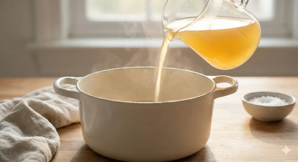 Warm vegetable broth being poured gently into a pot of beans and herbs.