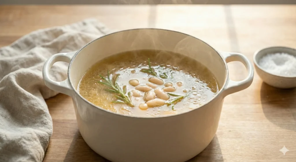 A pot of rosemary bean soup simmering quietly in soft daylight.