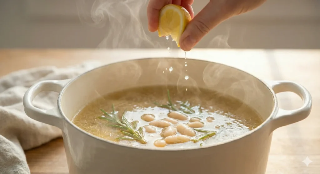 Fresh lemon being squeezed over the finished rosemary bean soup in soft sunlight.