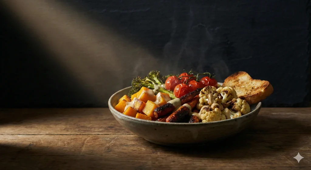 Chiaroscuro bowl of roasted winter vegetables with tahini citrus sauce