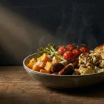 Chiaroscuro bowl of roasted winter vegetables with tahini citrus sauce
