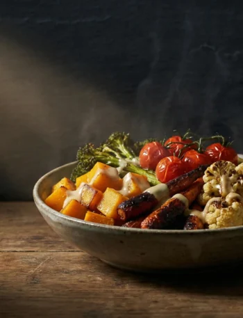 Chiaroscuro bowl of roasted winter vegetables with tahini citrus sauce