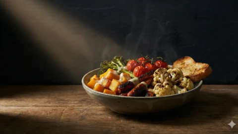 Chiaroscuro bowl of roasted winter vegetables with tahini citrus sauce