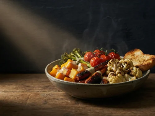 Chiaroscuro bowl of roasted winter vegetables with tahini citrus sauce